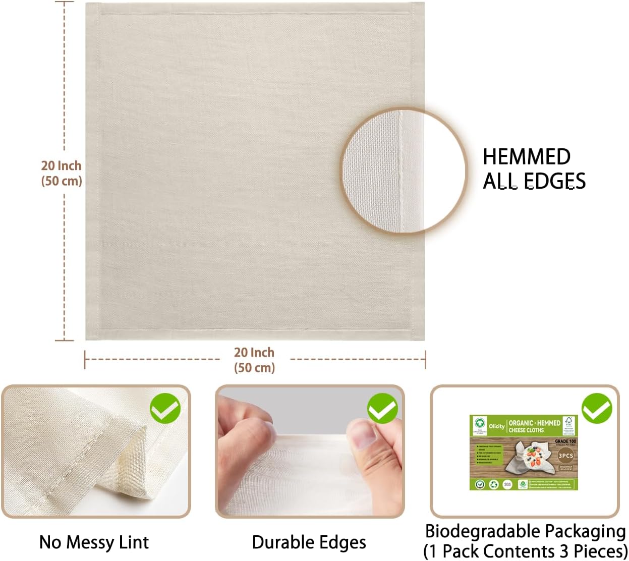 Organic Cheese Cloth 20"x20" 3 pieces