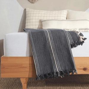 100% Organic Cotton Throw Blanket: Navy Blue with Stripes