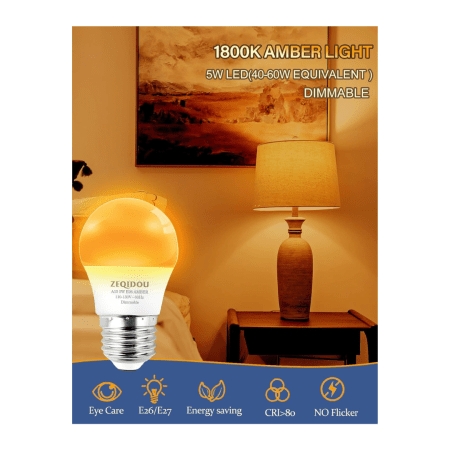 Amber Sleep Light Bulbs Dimmable, Blue Light Blocking, A15 E26 5W